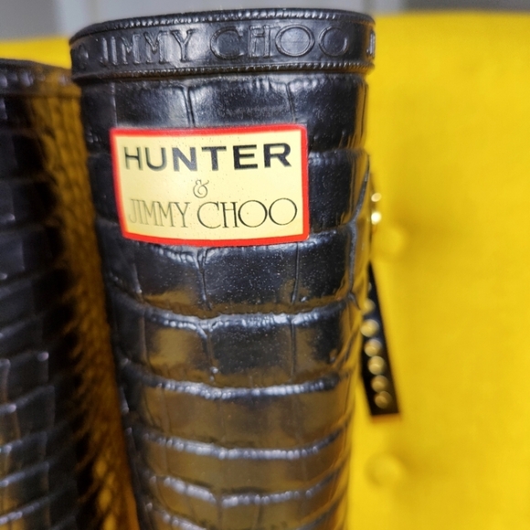 JIMMY CHOO & HUNTER Special Edition Rain Croc Black Animal Print Lined Boot Sz 4 - Picture 8 of 16